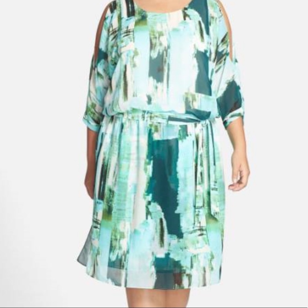 DKNY cold shoulder, chiffon dress with sash, like new